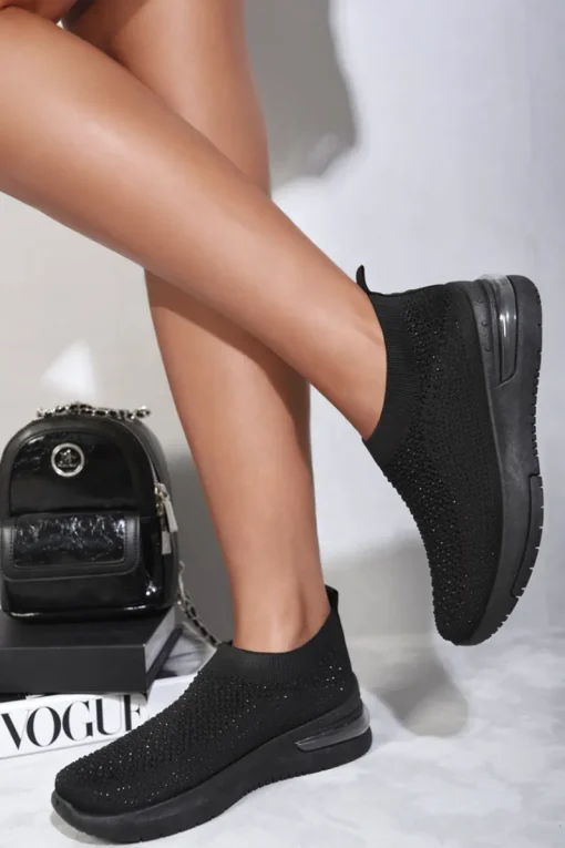 All black Ember Rhinestone Decor Slip On Sock Trainers<IKRUSH Best