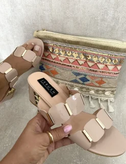 Apricot Alexis Square Stud Two Strap Block High Heels<IKRUSH Clearance