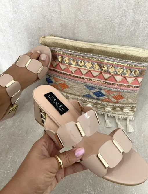 Apricot Alexis Square Stud Two Strap Block High Heels<IKRUSH Clearance