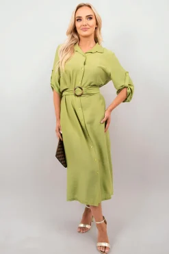 Avocado Priscilla Belted Button Down Roll Tab Sleeve Midi Dress<IKRUSH New