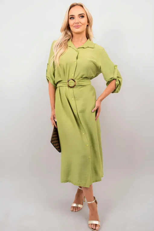 Avocado Priscilla Belted Button Down Roll Tab Sleeve Midi Dress<IKRUSH New