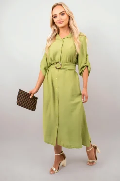 Avocado Priscilla Belted Button Down Roll Tab Sleeve Midi Dress<IKRUSH New