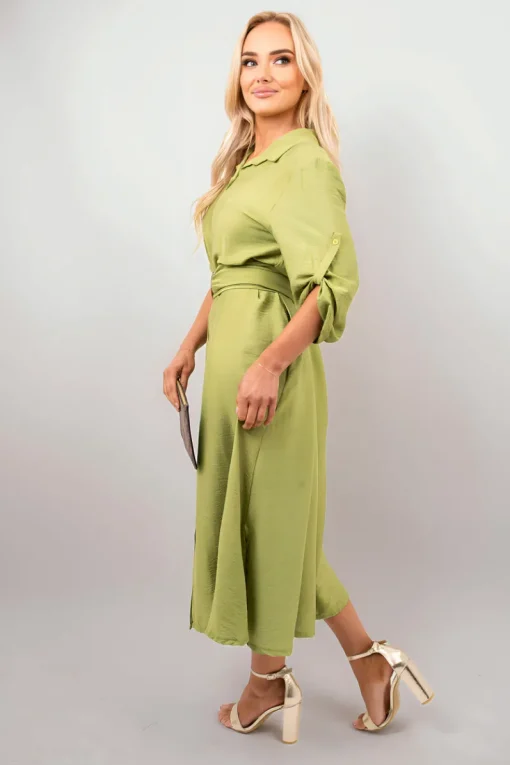 Avocado Priscilla Belted Button Down Roll Tab Sleeve Midi Dress<IKRUSH New