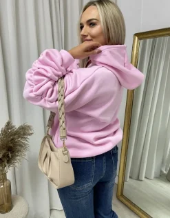 Baby pink Clarissa Oversized Ruched Sleeves Knitted Hoodie with Ribbon Detail<IKRUSH New