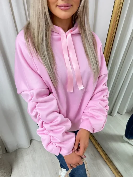 Baby pink Clarissa Oversized Ruched Sleeves Knitted Hoodie with Ribbon Detail<IKRUSH New