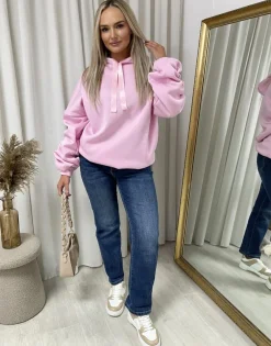 Baby pink Clarissa Oversized Ruched Sleeves Knitted Hoodie with Ribbon Detail<IKRUSH New