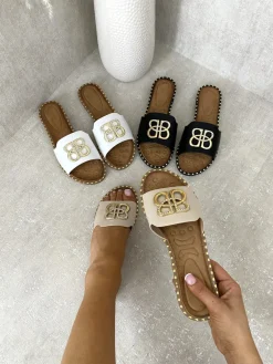 Beige Abby Sparkle Buckle Gold Studded Flat Sandals<IKRUSH Clearance