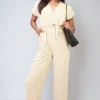 Beige Alessandra Belted V Neck Jumpsuit with Side Pockets<IKRUSH Best