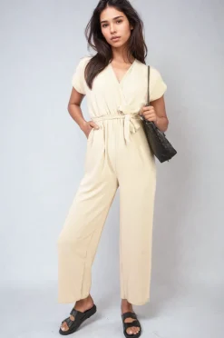 Beige Alessandra Belted V Neck Jumpsuit with Side Pockets<IKRUSH Best
