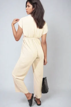 Beige Alessandra Belted V Neck Jumpsuit with Side Pockets<IKRUSH Best