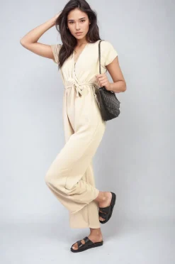 Beige Alessandra Belted V Neck Jumpsuit with Side Pockets<IKRUSH Best