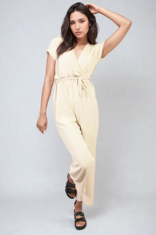 Beige Alessandra Belted V Neck Jumpsuit with Side Pockets<IKRUSH Best