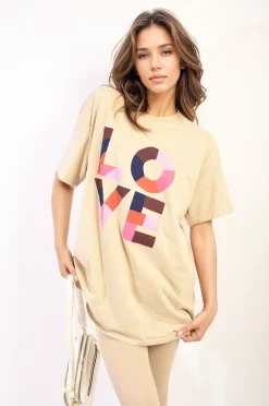 Beige Amanda Oversized Love Slogan Print Top<IKRUSH Fashion