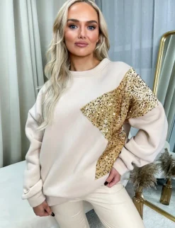 Beige Andrea Sequin Detailed Oversized Knitted Jumper<IKRUSH Discount