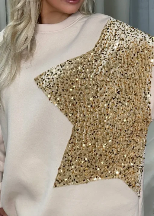 Beige Andrea Sequin Detailed Oversized Knitted Jumper<IKRUSH Discount