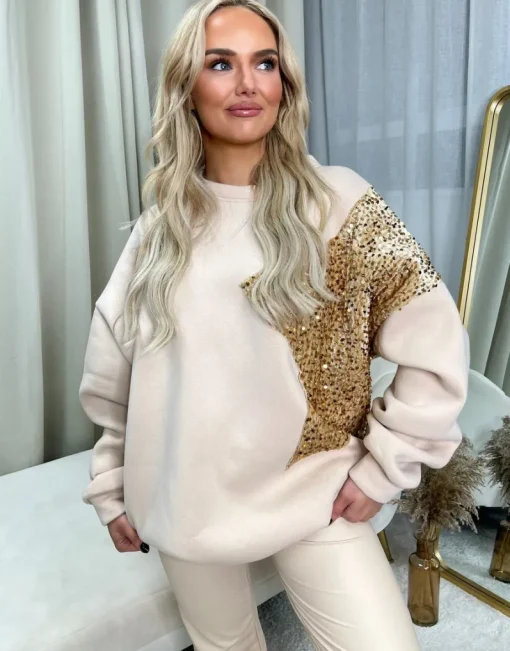 Beige Andrea Sequin Detailed Oversized Knitted Jumper<IKRUSH Discount