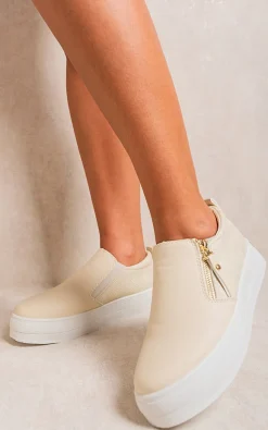 Beige Andrea Zipper Decor Slip On Trainers<IKRUSH Fashion