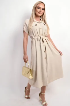 Beige Annie Collared Button Down Short Sleeve Tie Waist Midi Dress<IKRUSH Hot