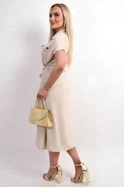 Beige Annie Collared Button Down Short Sleeve Tie Waist Midi Dress<IKRUSH Hot