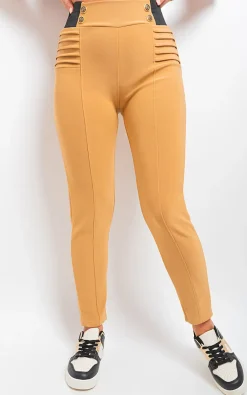 Beige Ariah Elastic Waist Button Detail Leggings<IKRUSH Clearance