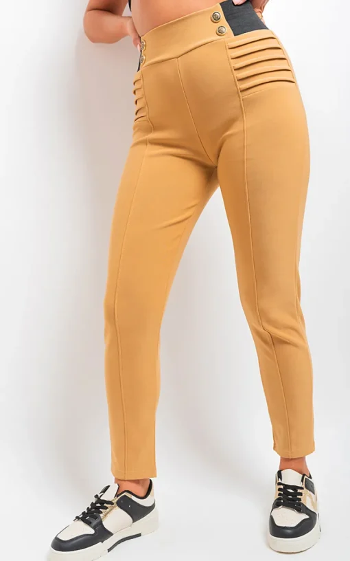 Beige Ariah Elastic Waist Button Detail Leggings<IKRUSH Clearance