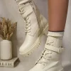 Beige Ariella Lace Up Buckle Chunky Combat Boots<IKRUSH Discount