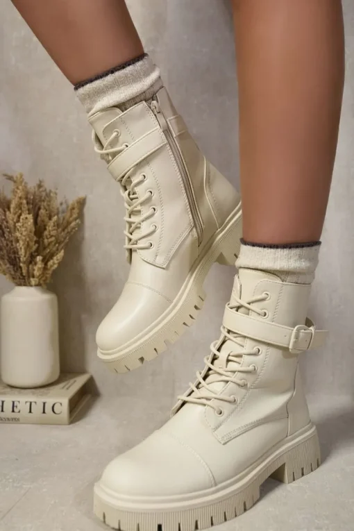 Beige Ariella Lace Up Buckle Chunky Combat Boots<IKRUSH Discount