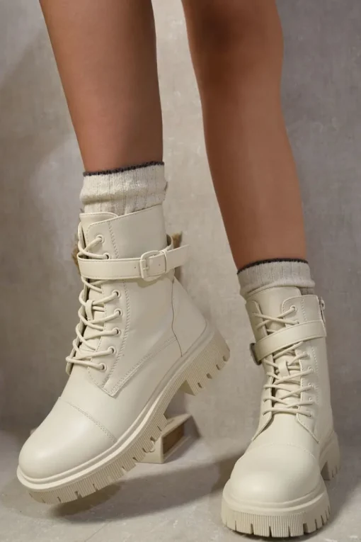 Beige Ariella Lace Up Buckle Chunky Combat Boots<IKRUSH Discount