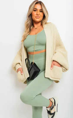 Beige Athena Knitted Balloon Sleeve Cardigan<IKRUSH Clearance