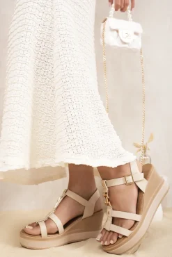 Beige Ayla Strappy Platform Sandals with Buckle Detail<IKRUSH Sale
