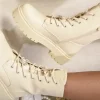 Beige Bailey Zip Lace Up Chunky Biker Boots with Decor Details<IKRUSH Best