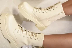 Beige Bailey Zip Lace Up Chunky Biker Boots with Decor Details<IKRUSH Best