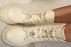 Beige Bailey Zip Lace Up Chunky Biker Boots with Decor Details<IKRUSH Best