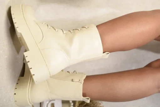 Beige Bailey Zip Lace Up Chunky Biker Boots with Decor Details<IKRUSH Best