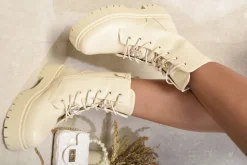 Beige Bailey Zip Lace Up Chunky Biker Boots with Decor Details<IKRUSH Best