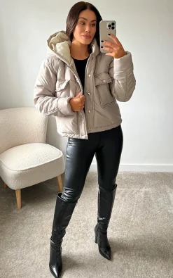 Beige Bethan Short Hooded Jacket with Button Detail<IKRUSH New