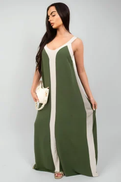 Beige Bianca Two-Tone Sleeveless Cami Maxi Dress<IKRUSH Clearance