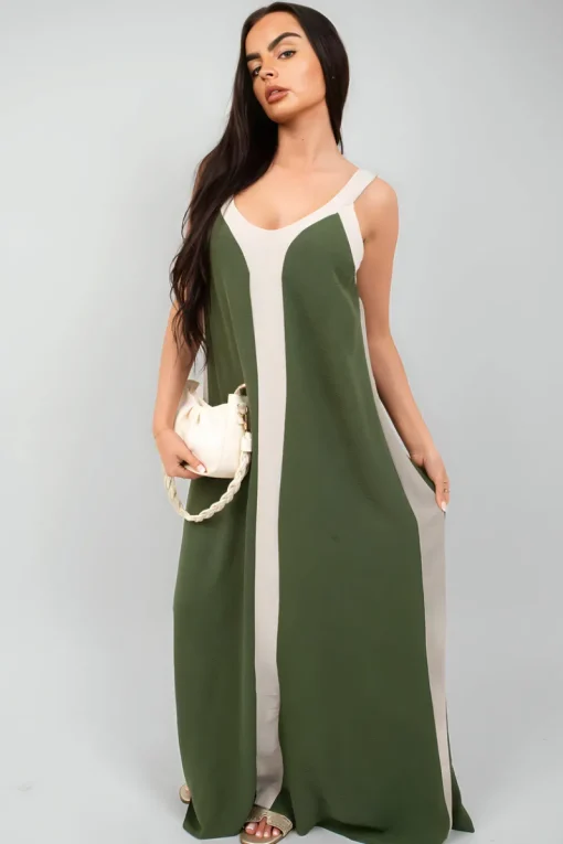 Beige Bianca Two-Tone Sleeveless Cami Maxi Dress<IKRUSH Clearance