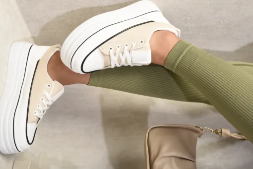 Beige Breanna Platform Wedge Lace Up Trainers<IKRUSH Sale