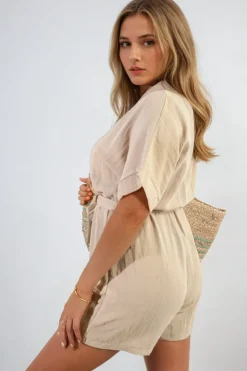 Beige Brenda Buttoned Tie Waist Romper<IKRUSH Discount