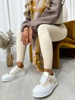 Beige Calista Luxe Bee Decorative Lace Up Platform Trainers<IKRUSH Fashion