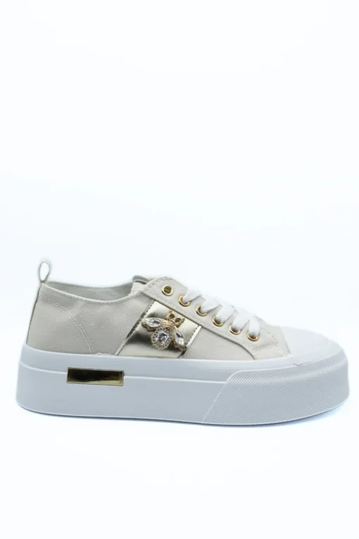 Beige Calista Luxe Bee Decorative Lace Up Platform Trainers<IKRUSH Fashion