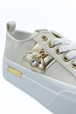 Beige Calista Luxe Bee Decorative Lace Up Platform Trainers<IKRUSH Fashion