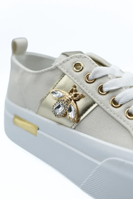 Beige Calista Luxe Bee Decorative Lace Up Platform Trainers<IKRUSH Fashion
