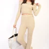 Beige Camila Knitted Long Sleeves Cropped Off Shoulder Top and Trousers Co-ord Set<IKRUSH Outlet