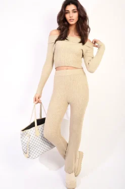 Beige Camila Knitted Long Sleeves Cropped Off Shoulder Top and Trousers Co-ord Set<IKRUSH Outlet
