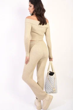 Beige Camila Knitted Long Sleeves Cropped Off Shoulder Top and Trousers Co-ord Set<IKRUSH Outlet