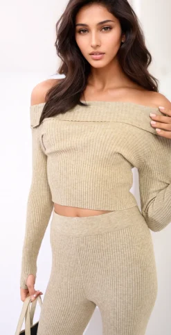 Beige Camila Knitted Long Sleeves Cropped Off Shoulder Top and Trousers Co-ord Set<IKRUSH Outlet