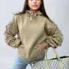 Beige Carla Ruched Sleeve Oversized Hoodie with Front Pouch Pocket<IKRUSH Fashion