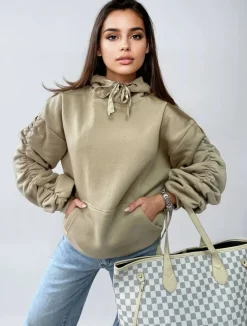 Beige Carla Ruched Sleeve Oversized Hoodie with Front Pouch Pocket<IKRUSH Fashion